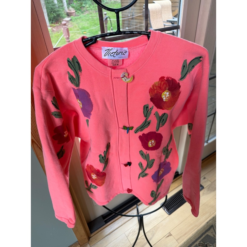 Vintage Victoria Pink Floral Cardigan Sweatshirt Novelty Buttons Made in USA M